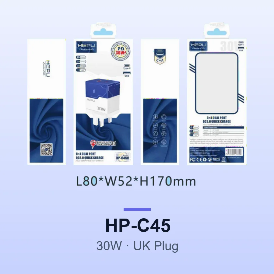 HEPU HP-C45 30W USB-A + Type-C Fast Charger (UK Plug) with C-to-C Cable